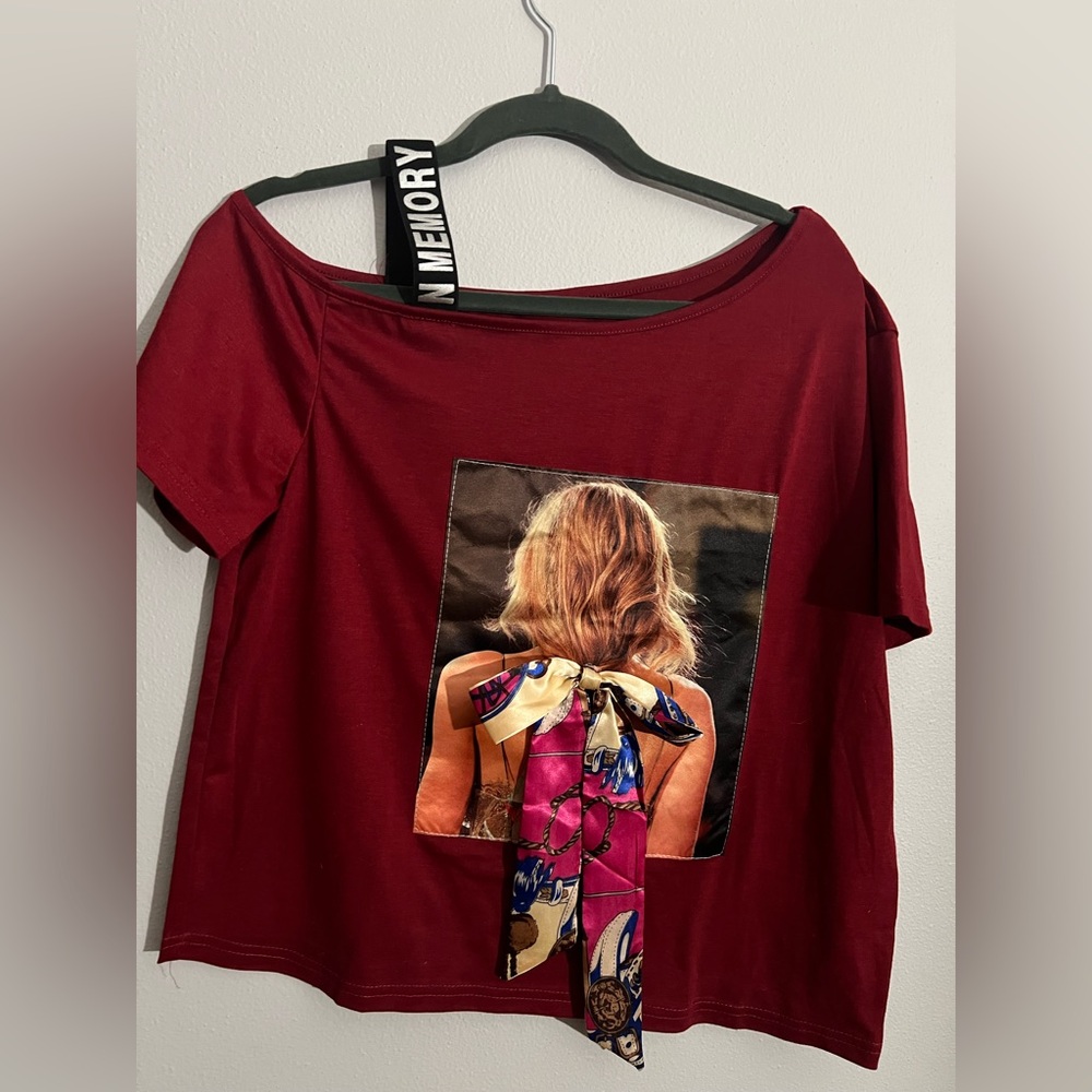 Stylish Red Graphic Off-Shoulder Tee